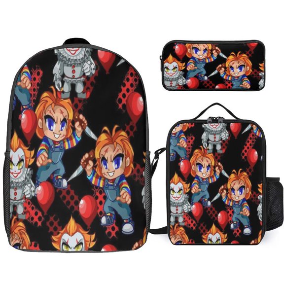 3PCS Casual Chucky Backpack Set Bookbag+Pencil Case+Lunch Bag Combination For Travel Work Camping