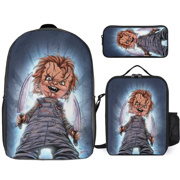3PCS Casual Chucky Backpack Set Bookbag+Pencil Case+Lunch Bag Combination For Travel Work Camping