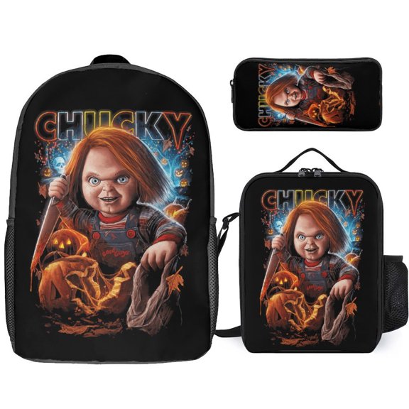 3PCS Casual Chucky Backpack Set Bookbag+Pencil Case+Lunch Bag Combination For Travel Work Camping