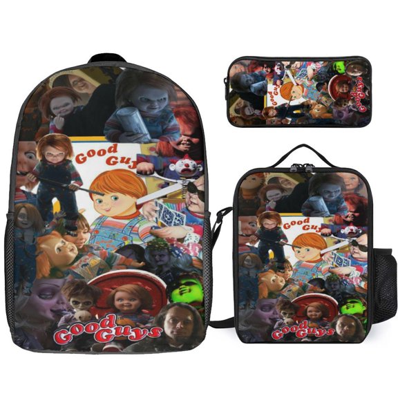 3PCS Casual Chucky Backpack Set Bookbag+Pencil Case+Lunch Bag Combination For Travel Work Camping