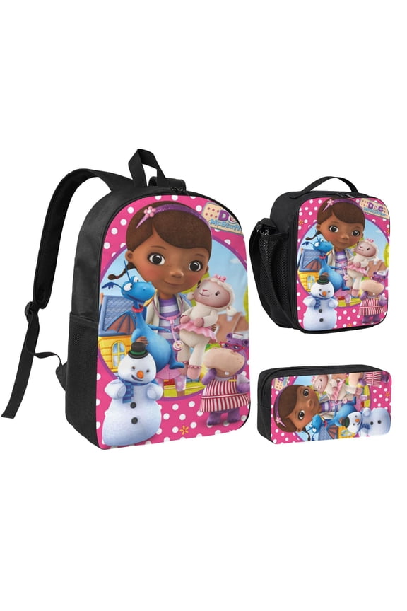 3PCS Casual Daypack Doc Cartoon Mcstuffins 17 Inch Backpack Set: Includes A High-Quality Backpack Lunch Bag And Pencil Case For Travel Work Camping