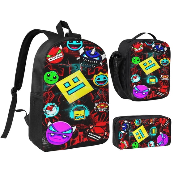 3PCS Casual Daypack Geometry Dash 17 Inch Backpack Set Bookbag+Pencil Case+Lunch Bag Combination For Travel Work Camping