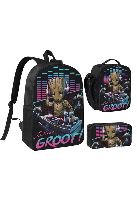 3PCS Casual Daypack I Am Groot 17 Inch Backpack Set Bookbag+Pencil Case+Lunch Bag Combination For Travel Work Camping