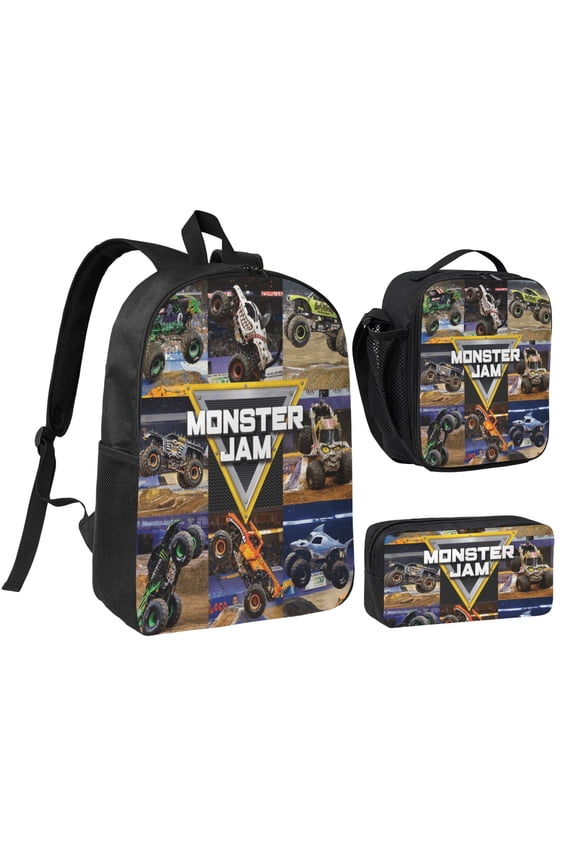 3PCS Casual Daypack Monster Cartoon Truck Jam 17 Inch Backpack Set: Includes A High-Quality Backpack Lunch Bag And Pencil Case For Travel Work Camping