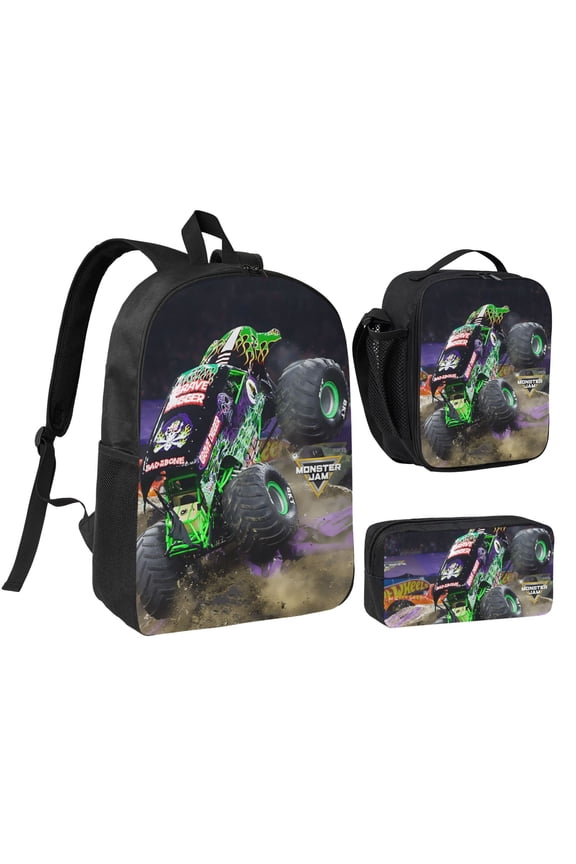 3PCS Casual Daypack Monster Cartoon Truck Jam 17 Inch Backpack Set: Includes A High-Quality Backpack Lunch Bag And Pencil Case For Travel Work Camping