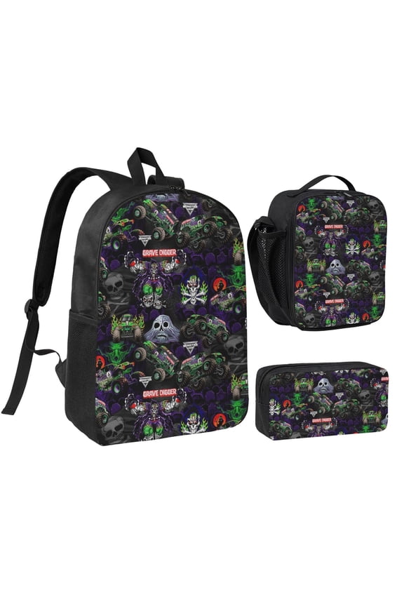 3PCS Casual Daypack Monster Cartoon Truck Jam 17 Inch Backpack Set: Includes A High-Quality Backpack Lunch Bag And Pencil Case For Travel Work Camping