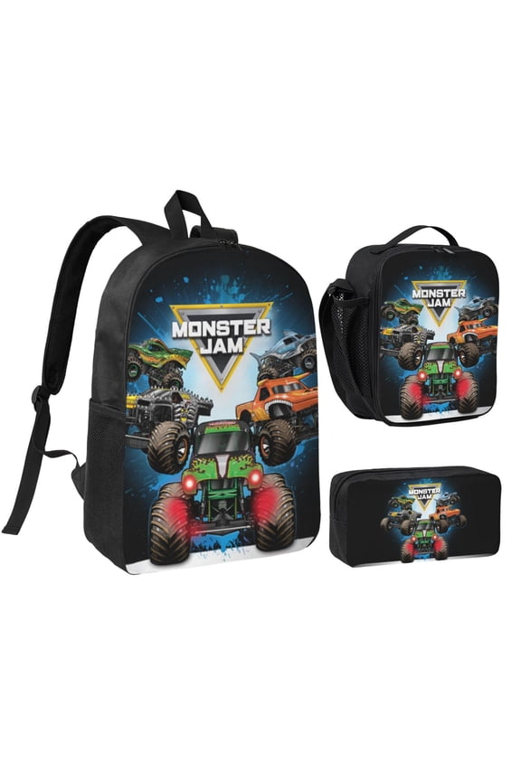3PCS Casual Daypack Monster Cartoon Truck Jam 17 Inch Backpack Set: Includes A High-Quality Backpack Lunch Bag And Pencil Case For Travel Work Camping