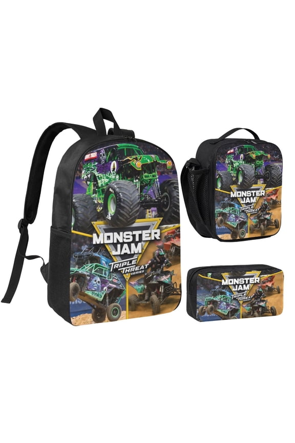 3PCS Casual Daypack Monster Cartoon Truck Jam 17 Inch Backpack Set: Includes A High-Quality Backpack Lunch Bag And Pencil Case For Travel Work Camping