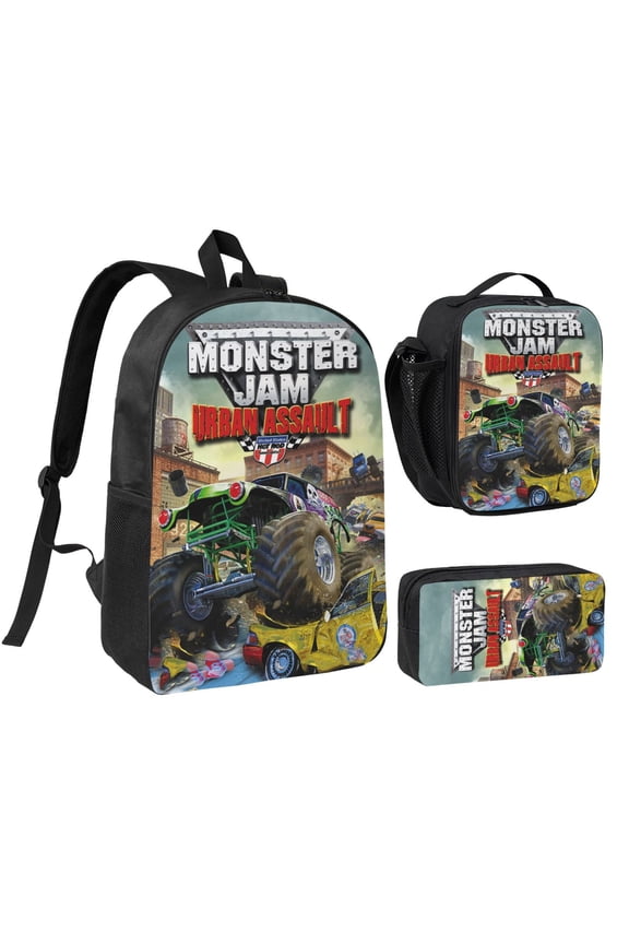 3PCS Casual Daypack Monster Cartoon Truck Jam 17 Inch Backpack Set: Includes A High-Quality Backpack Lunch Bag And Pencil Case For Travel Work Camping