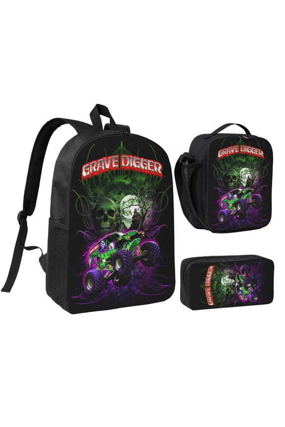 3PCS Casual Daypack Monster Cartoon Truck Jam 17 Inch Backpack Set: Includes A High-Quality Backpack Lunch Bag And Pencil Case For Travel Work Camping