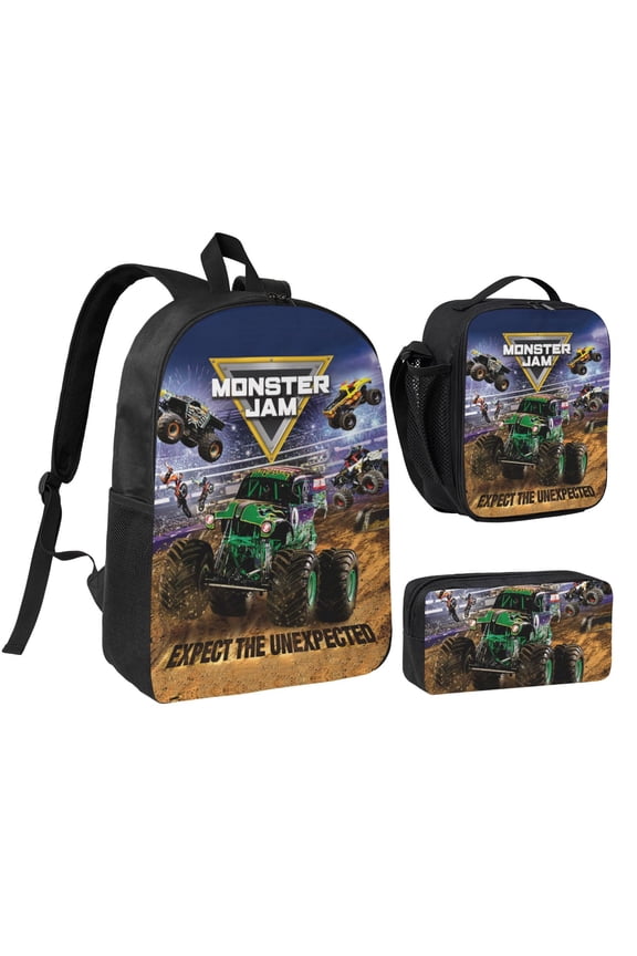 3PCS Casual Daypack Monster Cartoon Truck Jam 17 Inch Backpack Set: Includes A High-Quality Backpack Lunch Bag And Pencil Case For Travel Work Camping