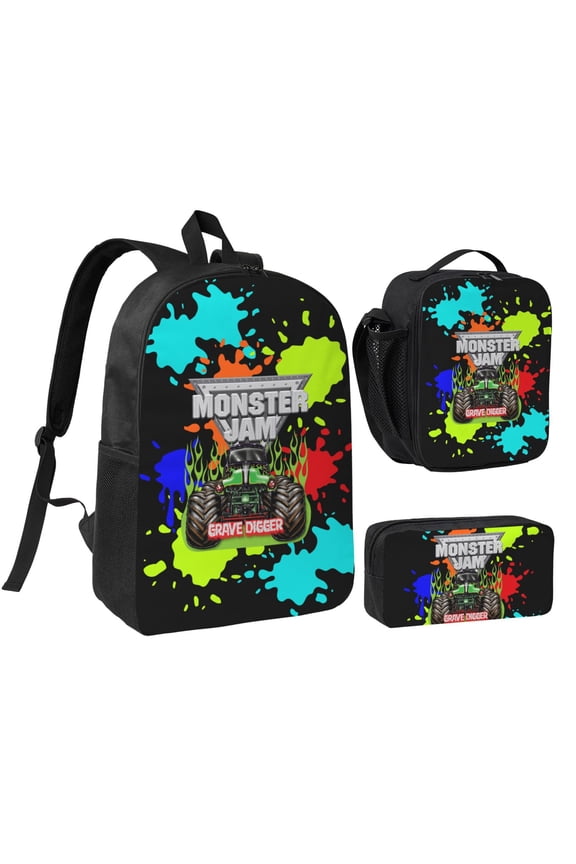 3PCS Casual Daypack Monster Cartoon Truck Jam 17 Inch Backpack Set: Includes A High-Quality Backpack Lunch Bag And Pencil Case For Travel Work Camping