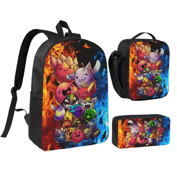 3PCS Casual Daypack Slime Rancher 17 Inch Backpack Set Bookbag+Pencil Case+Lunch Bag Combination For Travel Work Camping