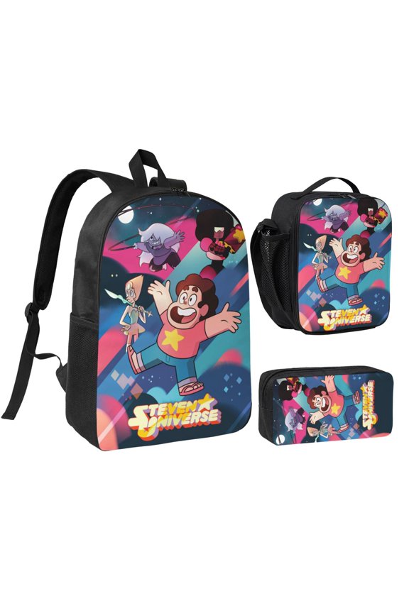 3PCS Casual Daypack Steven Universe 17 Inch Backpack Set Bookbag+Pencil Case+Lunch Bag Combination For Travel Work Camping