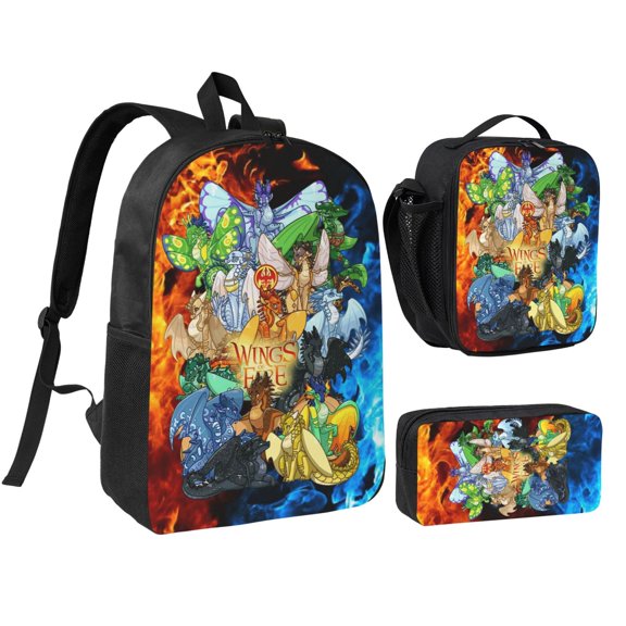 3PCS Casual Daypack Wings Of Fire 17 Inch Backpack Set Bookbag+Pencil Case+Lunch Bag Combination For Travel Work Camping