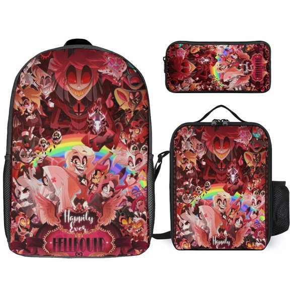 3PCS Casual Hazbin Hotel Backpack Set Bookbag+Pencil Case+Lunch Bag Combination For Travel Work Camping