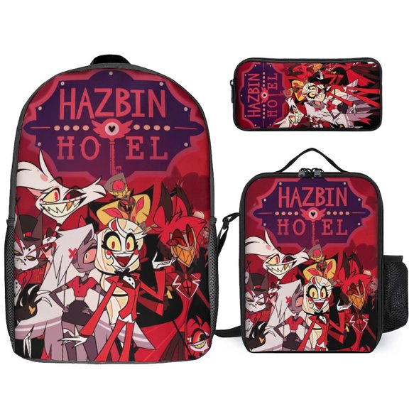 3PCS Casual Hazbin Hotel Backpack Set Bookbag+Pencil Case+Lunch Bag Combination For Travel Work Camping
