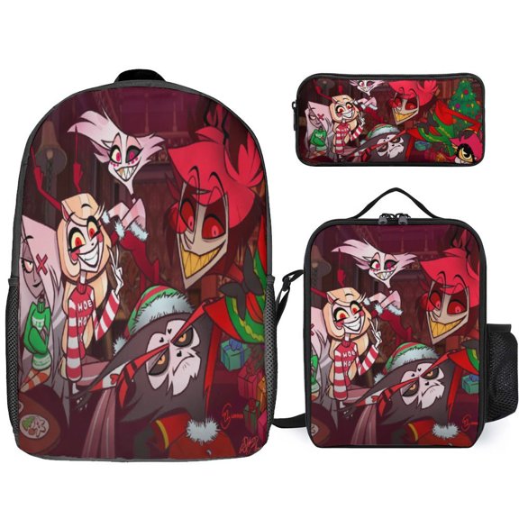3PCS Casual Hazbin Hotel Backpack Set Bookbag+Pencil Case+Lunch Bag Combination For Travel Work Camping