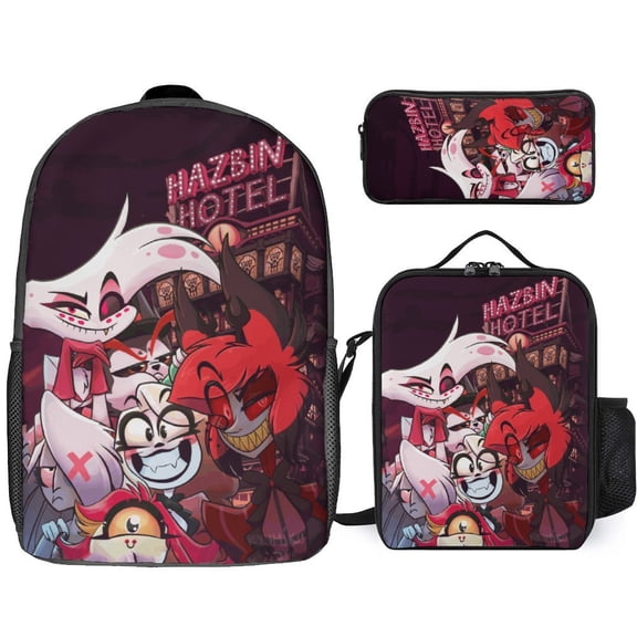 3PCS Casual Hazbin Hotel Backpack Set Bookbag+Pencil Case+Lunch Bag Combination For Travel Work Camping