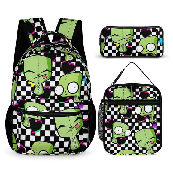 3PCS Casual Invader Zim Backpack Set Bookbag+Pencil Case+Lunch Bag Combination For Travel Work Camping