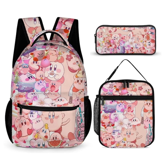 3PCS Casual Kirby Backpack Set Bookbag+Pencil Case+Lunch Bag Combination For Travel Work Camping