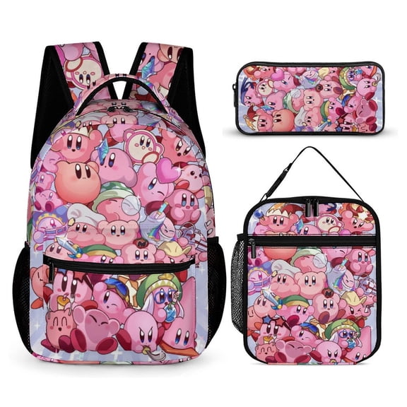 3PCS Casual Kirby Backpack Set Bookbag+Pencil Case+Lunch Bag Combination For Travel Work Camping