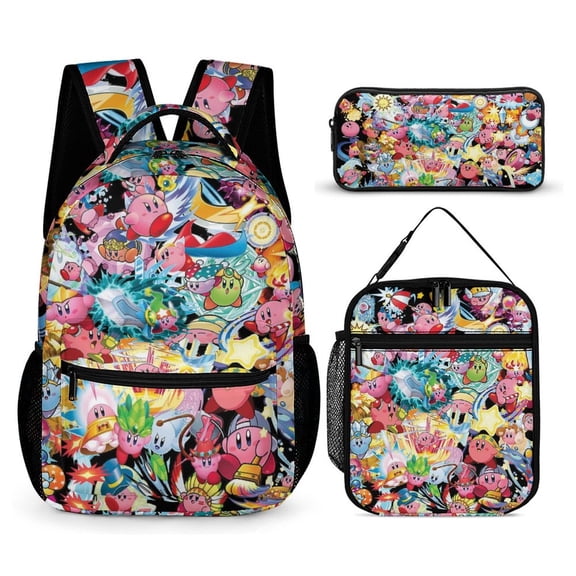 3PCS Casual Kirby Backpack Set Bookbag+Pencil Case+Lunch Bag Combination For Travel Work Camping