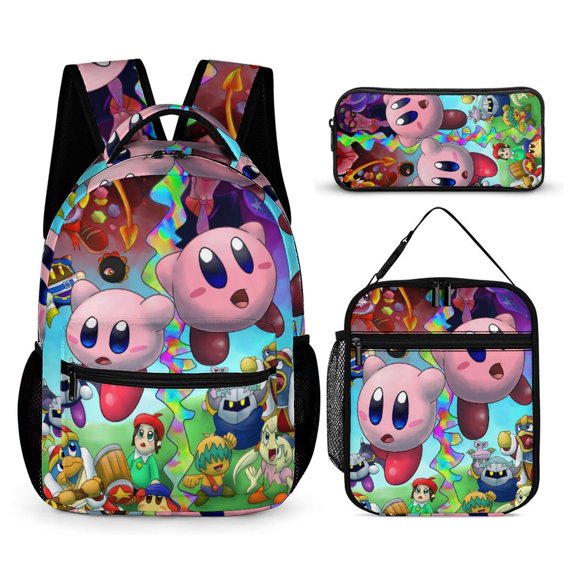 3PCS Casual Kirby Backpack Set Bookbag+Pencil Case+Lunch Bag Combination For Travel Work Camping