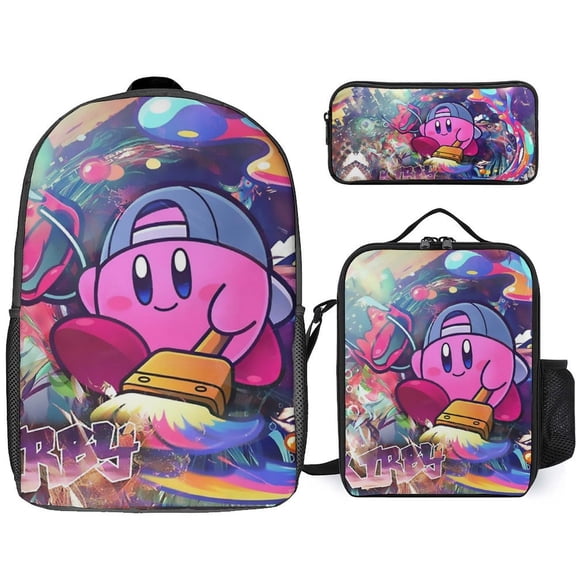 3PCS Casual Kirby Backpack Set Bookbag+Pencil Case+Lunch Bag Combination For Travel Work Camping