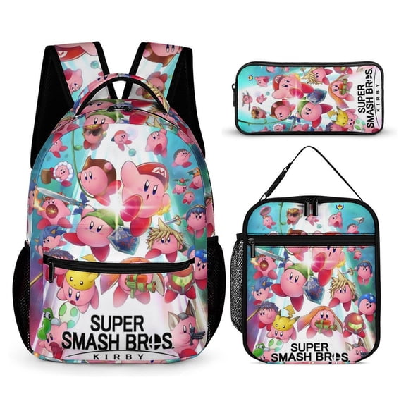 3PCS Casual Kirby Backpack Set Bookbag+Pencil Case+Lunch Bag Combination For Travel Work Camping