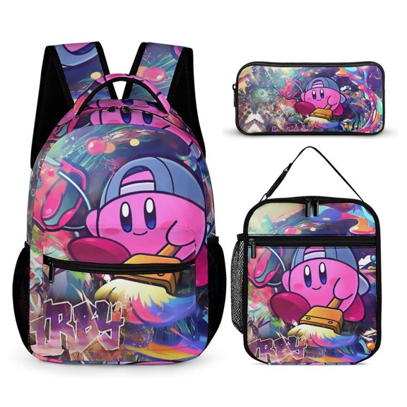 3PCS Casual Kirby Backpack Set Bookbag+Pencil Case+Lunch Bag Combination For Travel Work Camping