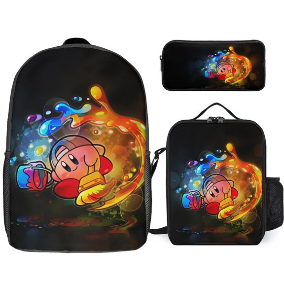 3PCS Casual Kirby Backpack Set Bookbag+Pencil Case+Lunch Bag Combination For Travel Work Camping