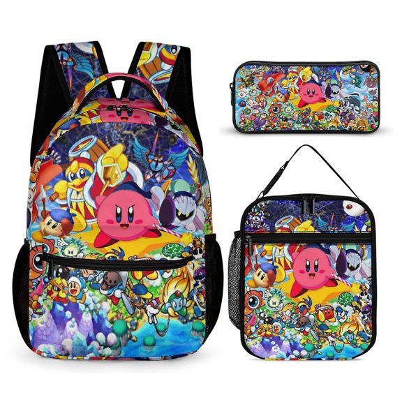 3PCS Casual Kirby Backpack Set Bookbag+Pencil Case+Lunch Bag Combination For Travel Work Camping