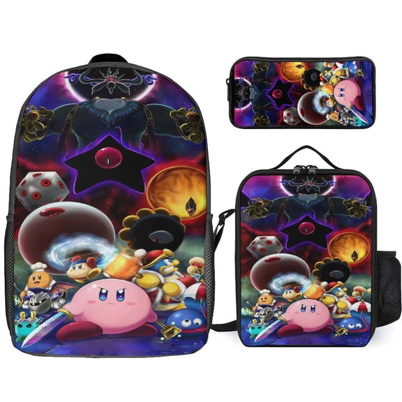 3PCS Casual Kirby Backpack Set Bookbag+Pencil Case+Lunch Bag Combination For Travel Work Camping