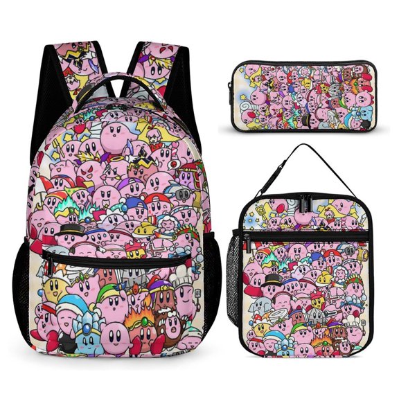 3PCS Casual Kirby Backpack Set Bookbag+Pencil Case+Lunch Bag Combination For Travel Work Camping