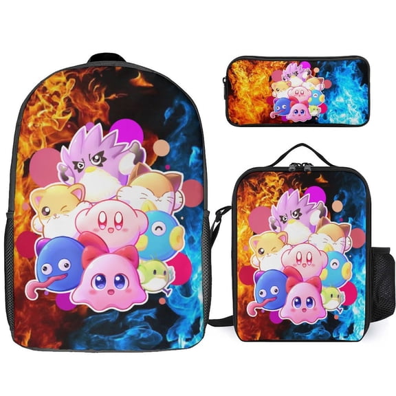 3PCS Casual Kirby Backpack Set Bookbag+Pencil Case+Lunch Bag Combination For Travel Work Camping