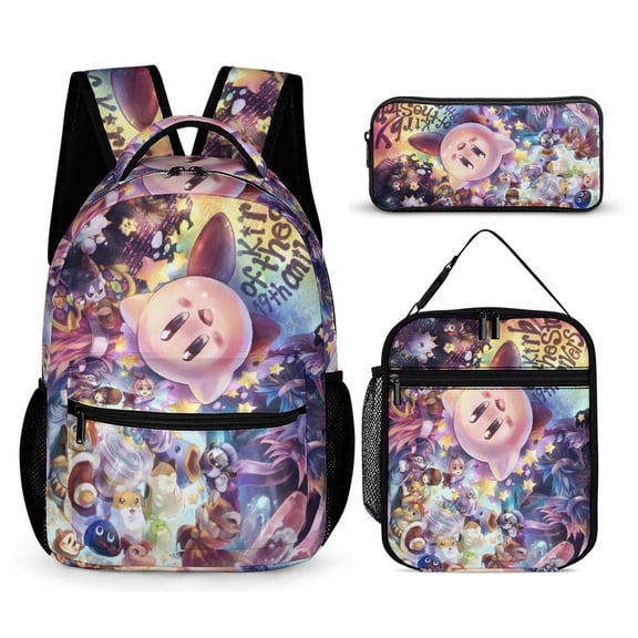 3PCS Casual Kirby Backpack Set Bookbag+Pencil Case+Lunch Bag Combination For Travel Work Camping
