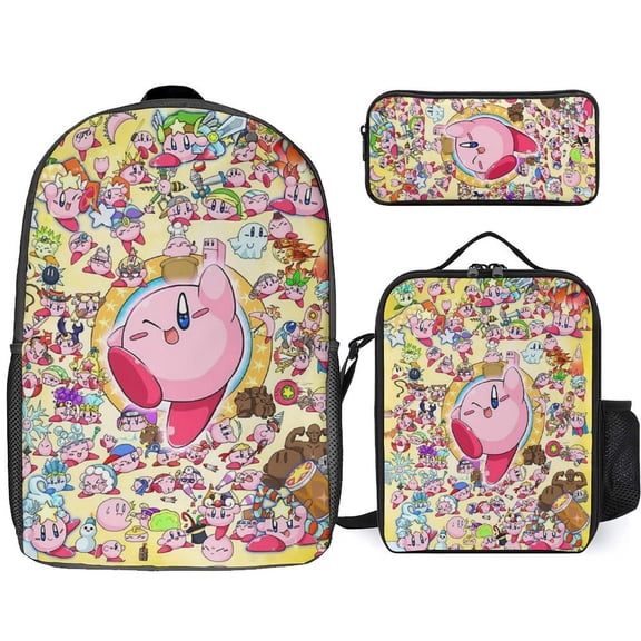 3PCS Casual Kirby Backpack Set Bookbag+Pencil Case+Lunch Bag Combination For Travel Work Camping