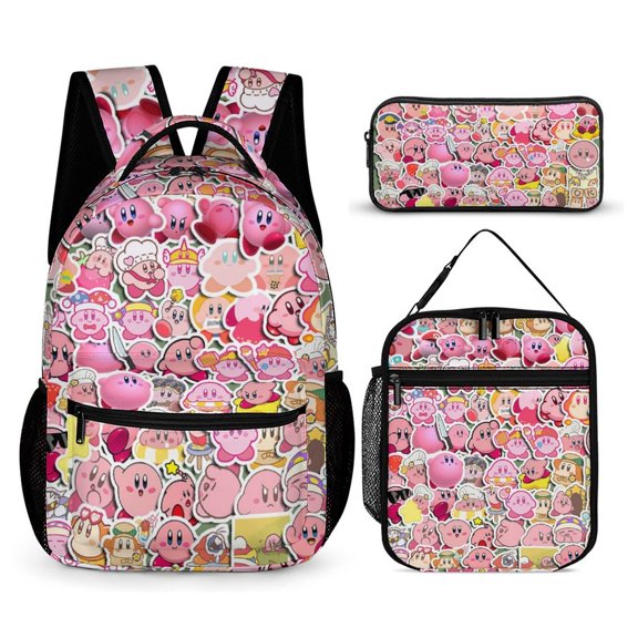 3PCS Casual Kirby Backpack Set Bookbag+Pencil Case+Lunch Bag Combination For Travel Work Camping