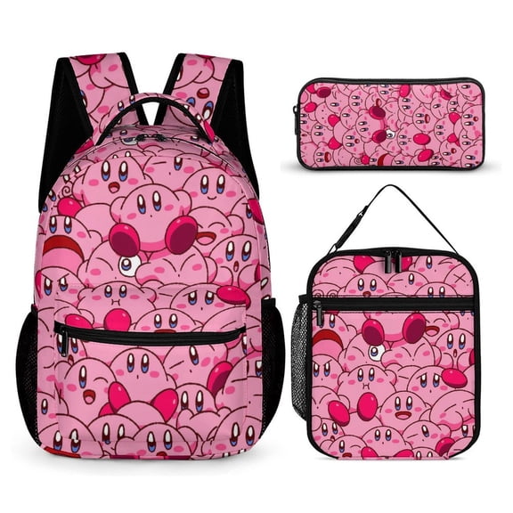 3PCS Casual Kirby Backpack Set Bookbag+Pencil Case+Lunch Bag Combination For Travel Work Camping