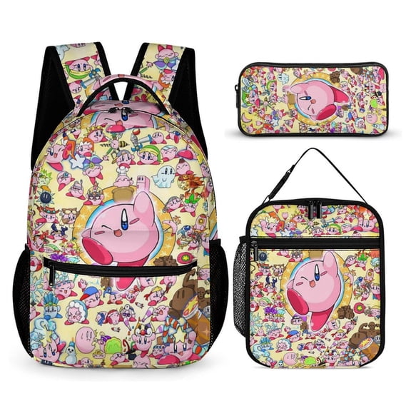 3PCS Casual Kirby Backpack Set Bookbag+Pencil Case+Lunch Bag Combination For Travel Work Camping
