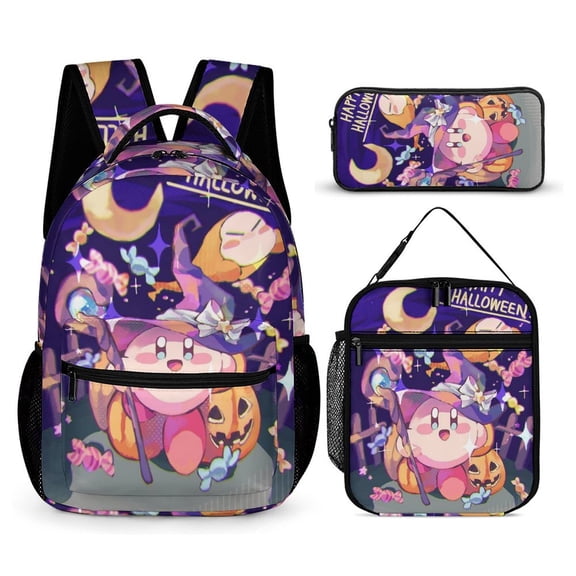 3PCS Casual Kirby Backpack Set Bookbag+Pencil Case+Lunch Bag Combination For Travel Work Camping