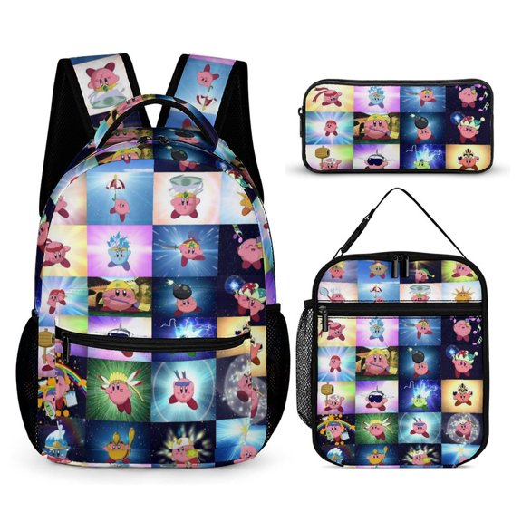 3PCS Casual Kirby Backpack Set Bookbag+Pencil Case+Lunch Bag Combination For Travel Work Camping