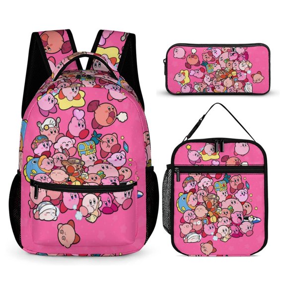 3PCS Casual Kirby Backpack Set Bookbag+Pencil Case+Lunch Bag Combination For Travel Work Camping