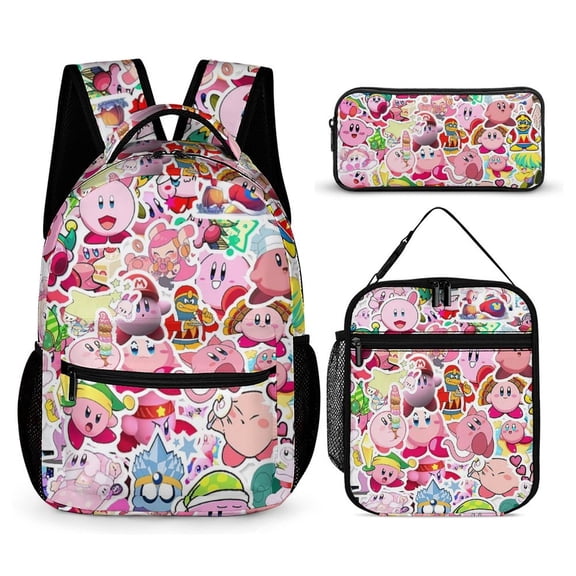3PCS Casual Kirby Backpack Set Bookbag+Pencil Case+Lunch Bag Combination For Travel Work Camping