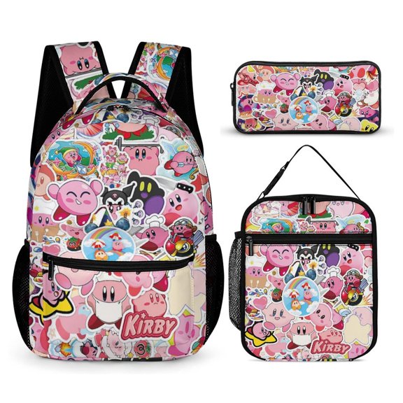 3PCS Casual Kirby Backpack Set Bookbag+Pencil Case+Lunch Bag Combination For Travel Work Camping