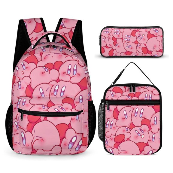 3PCS Casual Kirby Backpack Set Bookbag+Pencil Case+Lunch Bag Combination For Travel Work Camping