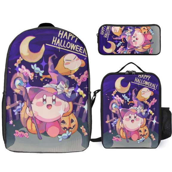 3PCS Casual Kirby Backpack Set Bookbag+Pencil Case+Lunch Bag Combination For Travel Work Camping
