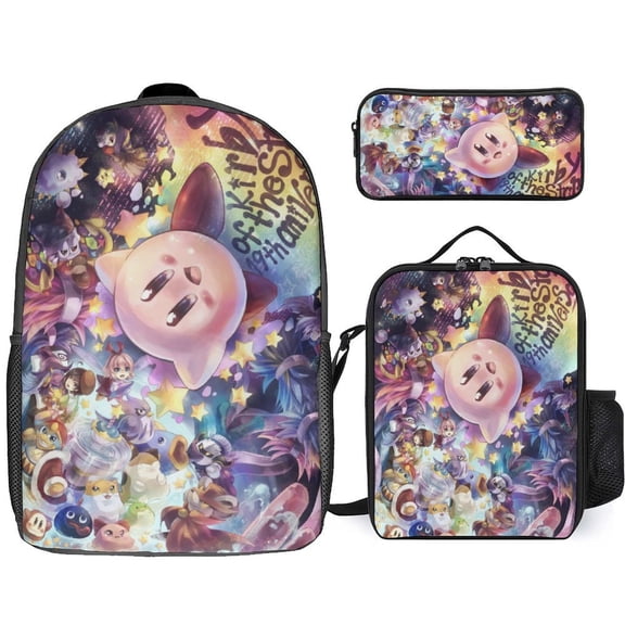 3PCS Casual Kirby Backpack Set Bookbag+Pencil Case+Lunch Bag Combination For Travel Work Camping