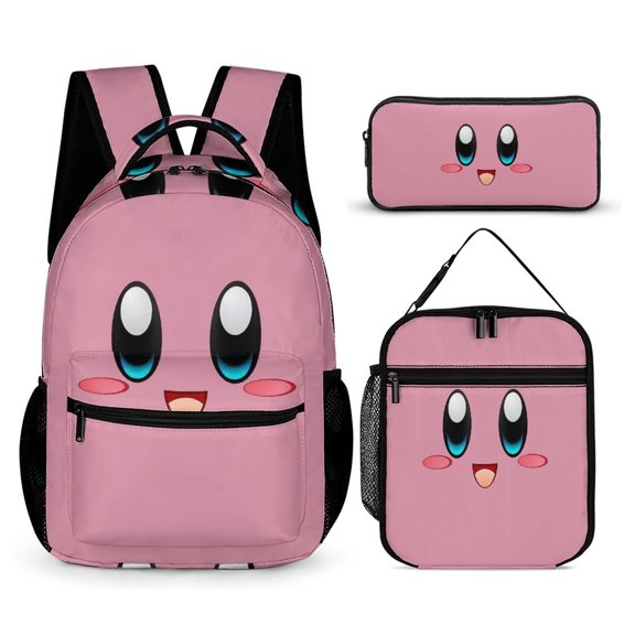 3PCS Casual Kirby Backpack Set Bookbag+Pencil Case+Lunch Bag Combination For Travel Work Camping